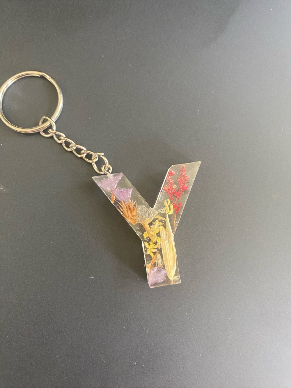 Resin 'Y' Initial Keychain/ Bag Charm with Dried Flowers - Clear, Handmade